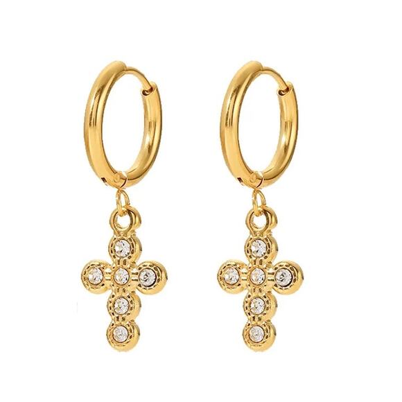 Zircon Cross Dangle Hoop Earrings 18K Gold Plated Stainless‎ Steel - Picture 7 of 8